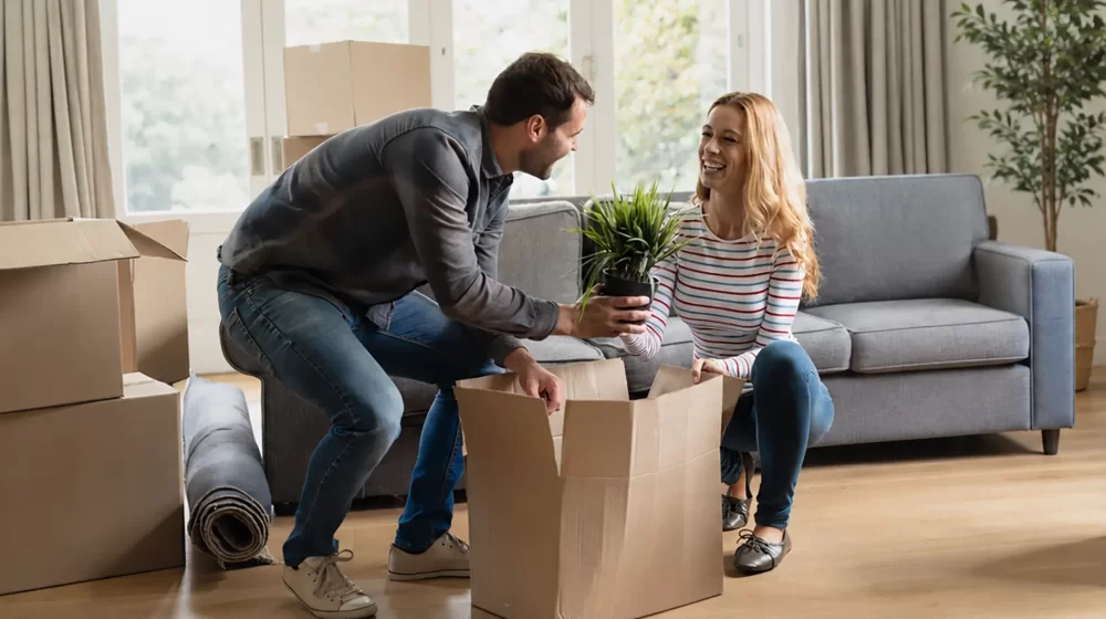 joven pareja desempacando mudanza en nuevo apartamento
