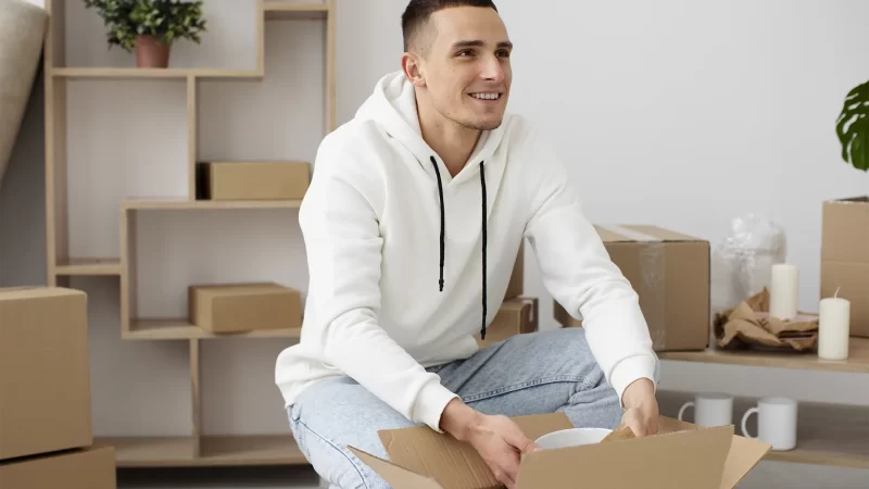 joven estudiante desempacando en su nuevo departamento