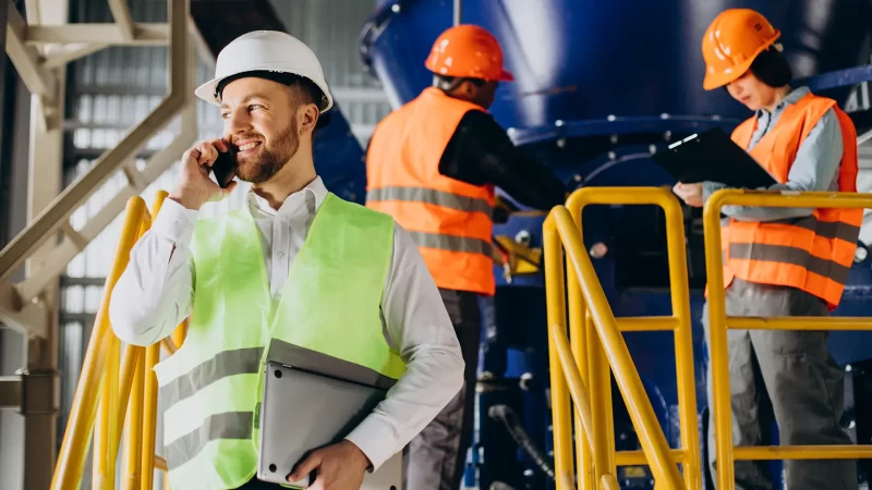 supervisor hablando por teléfono sonriendo mientras camina por una fábrica