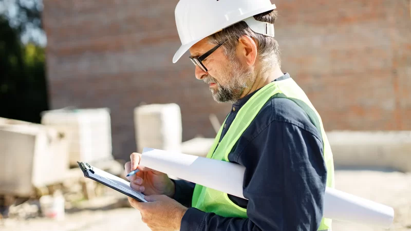 capataz de obra revisando una planilla en la construcción