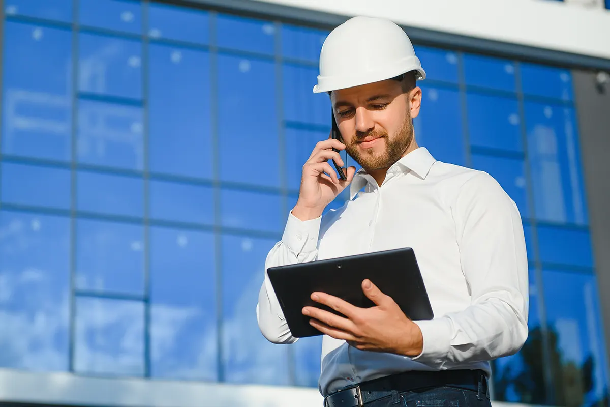 arquitecto mirando su tablet mientras llama por teléfono en el exterior
